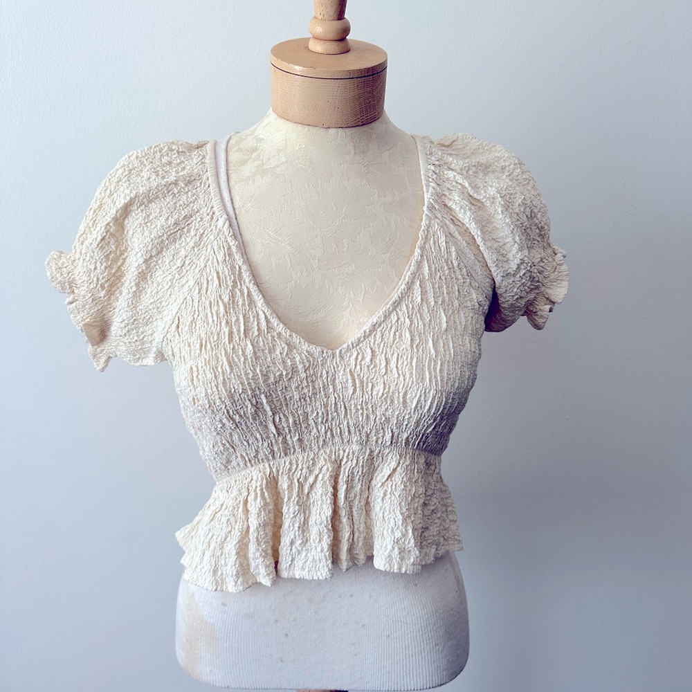Miou Muse Small Cream Crinkle Smocked Top